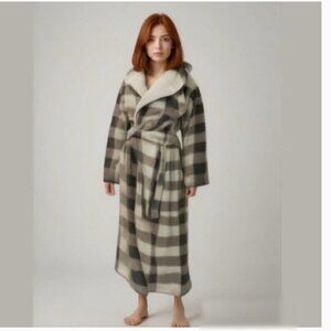 David Archy Plaid Hooded Plush Fleece Robe Maxi Longline Oversized Size Small